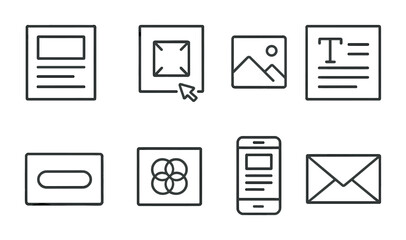 Email Design Icons. Outline vector icons of email design and templates: layout grid, drag section, image