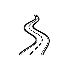 Winding road illustration in black and white, showing future effects of transportation. Winding road emphasizes curves and direction of travel.