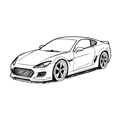 Naklejka premium Artistic car drawing in black and white, a sleek vehicle illustration for automotive themes. Detailed car drawing showing off smooth lines and modern style,