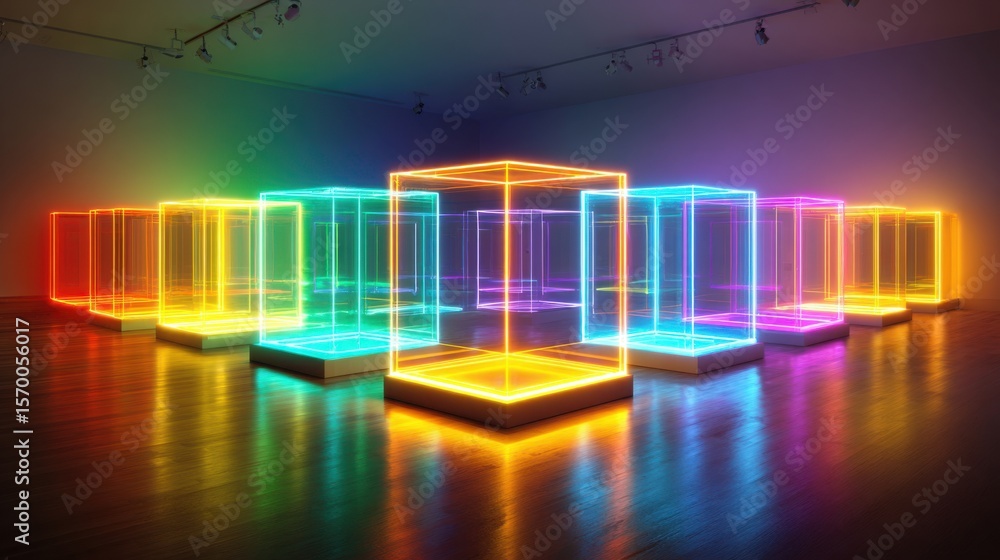 Poster a series of colorful boxes are lit up in a room. the boxes are arranged in a row, with some boxes be