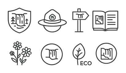 National Park Icons. Outline vector icons of waterfalls in national parks: park badge, ranger hat, trailhead
