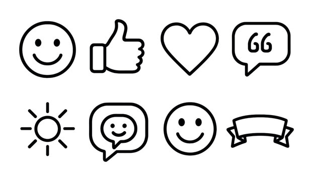 Positive Icons Set. Outline vector icons of positive messaging: smiley face, thumbs up, heart icon, uplifting