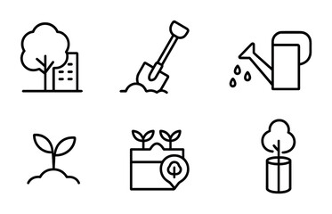 Obraz premium Urban Green Icons. Outline vector icons of urban reforestation initiatives: city tree, replanting shovel, park