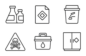 Chemical Safety Icons. Outline vector icons of chemical safety protocols: labeled containers, MSDS sheet, fume