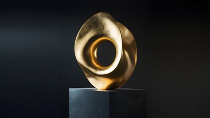 Golden Abstract Sculpture on Dark Pedestal