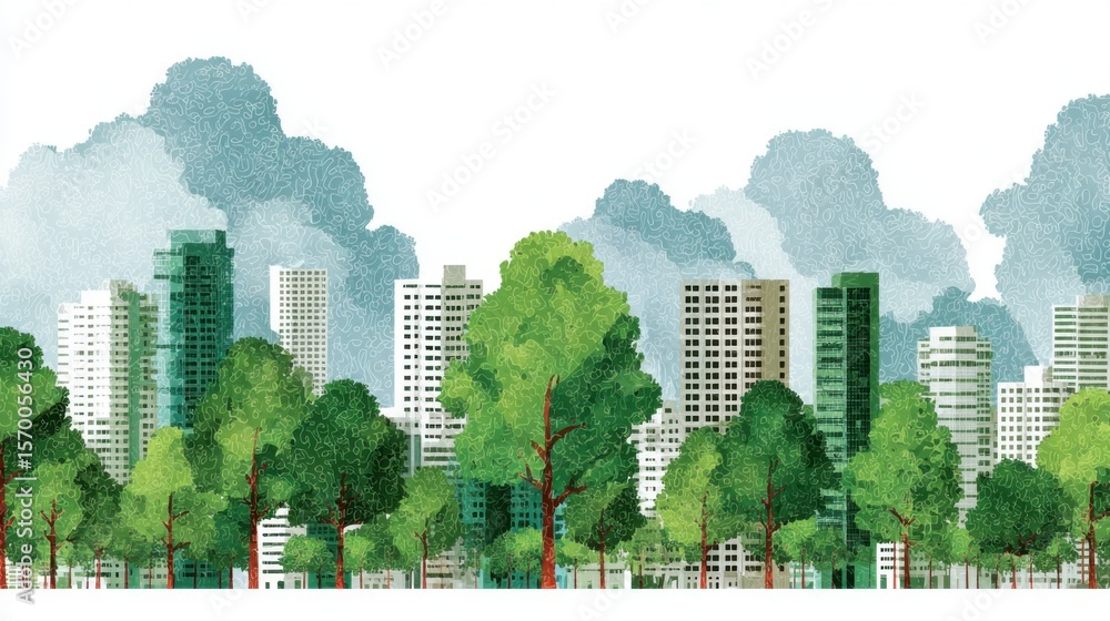 Poster a cityscape with a large green tree in the foreground and a row of trees in the background