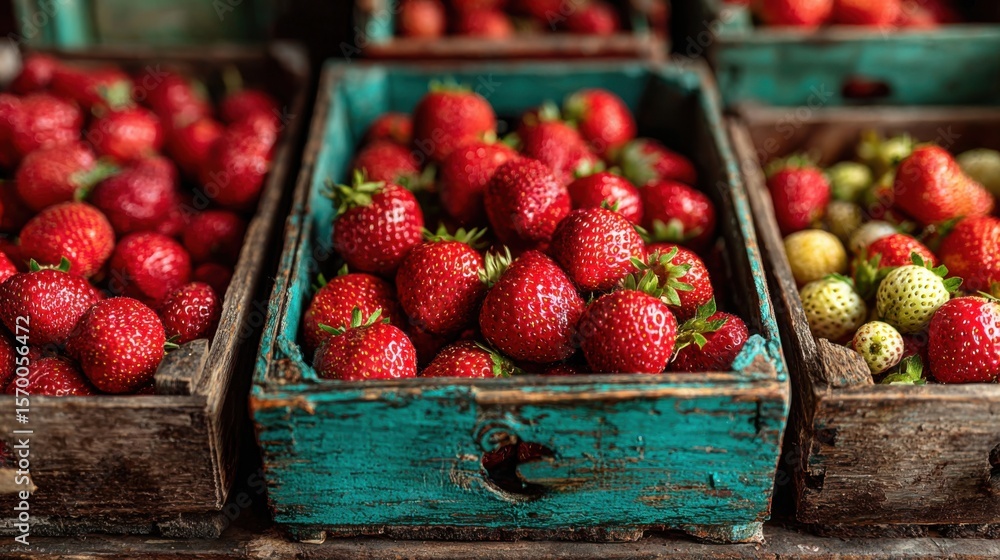 Poster a crate of red strawberries sits on a wooden table. the crate is filled with many strawberries, and 