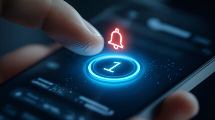 Notification Icon Touch: A close-up of a finger interacting with a phone's screen, activating a glowing notification icon and its corresponding alert number. 