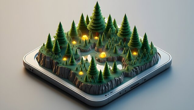 Nature app concept forest on phone screen digital ecosystem mobile technology art