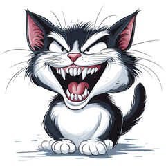 Cartoon playful black and white cat with open mouth