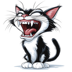 Cartoon playful black and white cat with open mouth