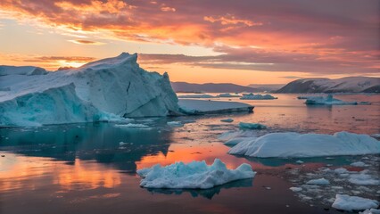 Majestic icebergs reflecting fiery sunset colors in calm arctic waters