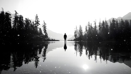 Black and white landscape photography of man on lake with trees and mountains view