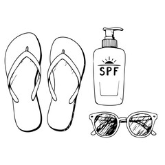 Summer essentials illustrated with flip flops, sunscreen, and sunglasses. Summer essentials arranged in simple composition, highlighting protection and relaxation for holiday.