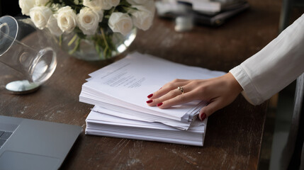 Close-up of a woman's hand with red nail polish resting on a large stack of paperwork on a wooden desk beside a vase of white roses.