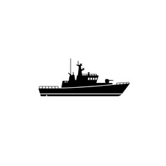 Silhouette of patrol boat on white background perfect for marine themes. Patrol boat is black on clean white backdrop, simple and modern. Isolated patrol boat for nautical designs, layouts,