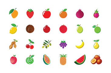Colorful Vector Fruit Icons Set, Tropical and Exotic Fruit Collection