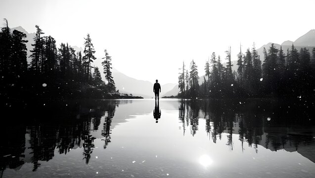 Black and white landscape photography of man on lake with trees and mountains view - Powered by Adobe