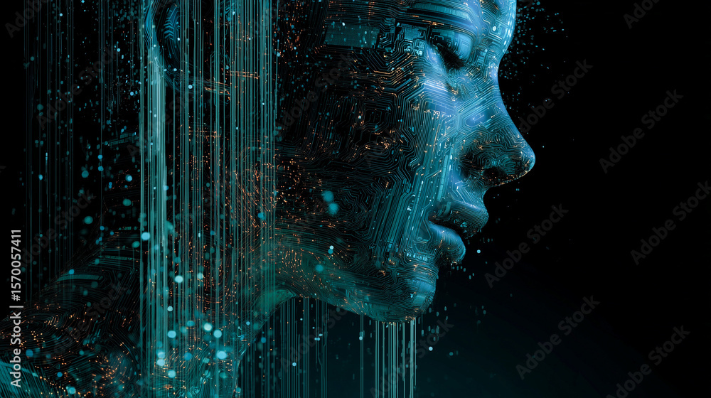 Poster a digitally rendered human face with data particles dissolving and streaming, embodying artificial i