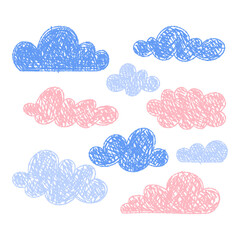 Hand-drawn crayon clouds set. Kids elements for preschool materials. Playful sky. Cute cartoon weather symbols. Isolated vector illustration