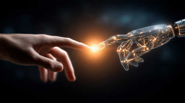 A human finger gently touches a translucent robotic hand with an internal glowing network, symbolizing artificial intelligence, technological synergy, human-robot connection, and the future of innovat