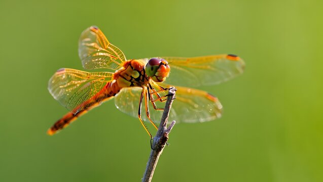 Close up of orange dragonfly perched on a twig with blurred green background nature insect