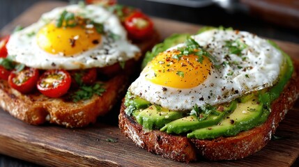 Two sandwiches with eggs and avocado on a wooden board. The sandwiches are placed next to each other
