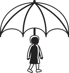 Black silhouette of a person holding a large open umbrella above their head black and white
