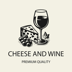 Black and white flat vector logo featuring a piece of cheese and a wine glass. Minimalist design perfect for wine shops, cheese labels, restaurants, and gourmet branding.