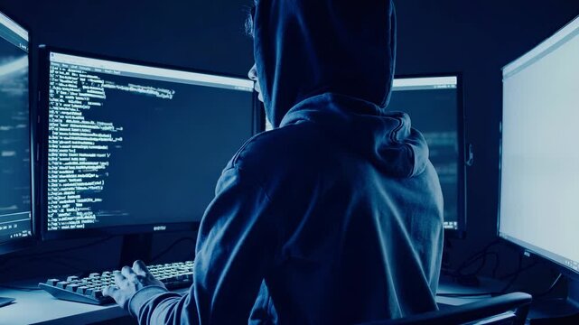 Man in hoodie codes at computer. Programmer works on security script. Cyber hacker types in dark. Hacker writes code for data breach. Technology focus on hacker. Cybersecurity screens flash data.