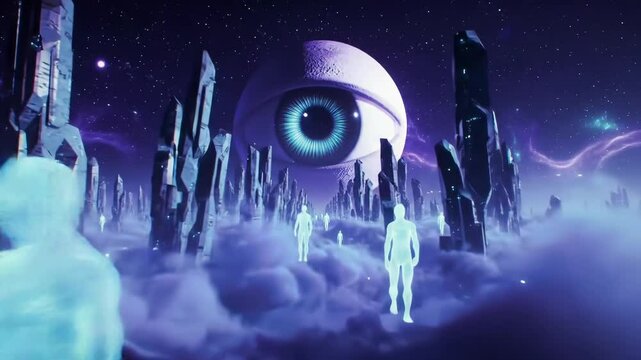 Ethereal figures traverse towards cosmic eye