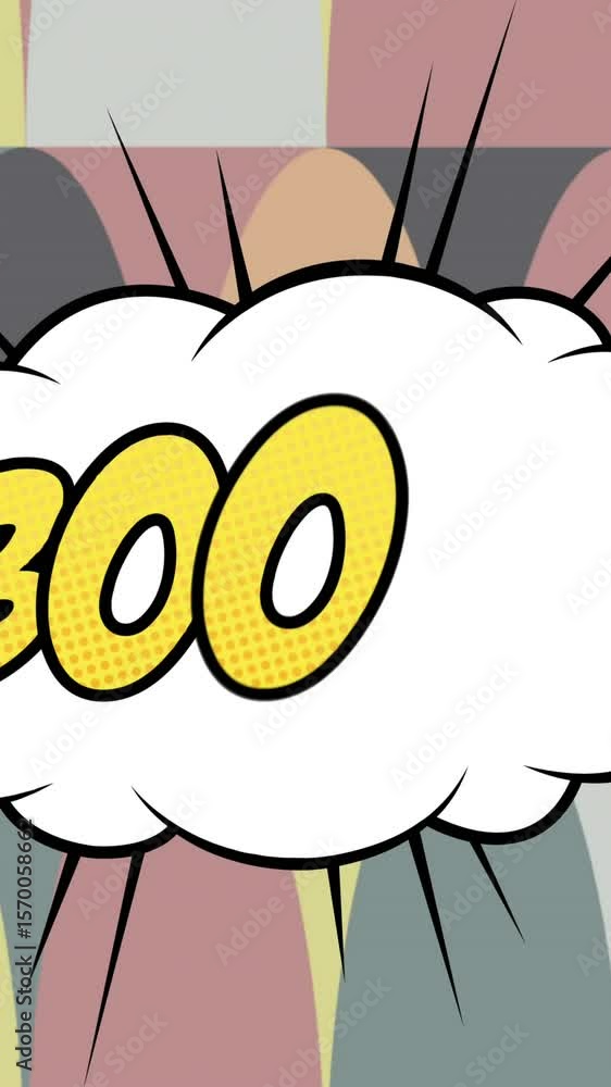 Aufkleber digital animation of boom on retro speech bubble against abstract colorful shapes in background