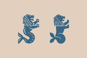 Heraldic sea lions flat silhouette emblem logo vector illustration