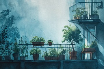Watercolor scene of balconies with potted plants, bathed in soft light