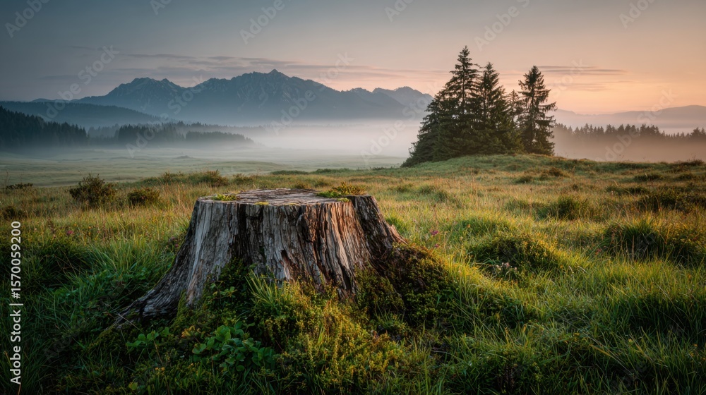 Poster a large tree stump sits in a grassy field with a beautiful view of the mountains in the background. 