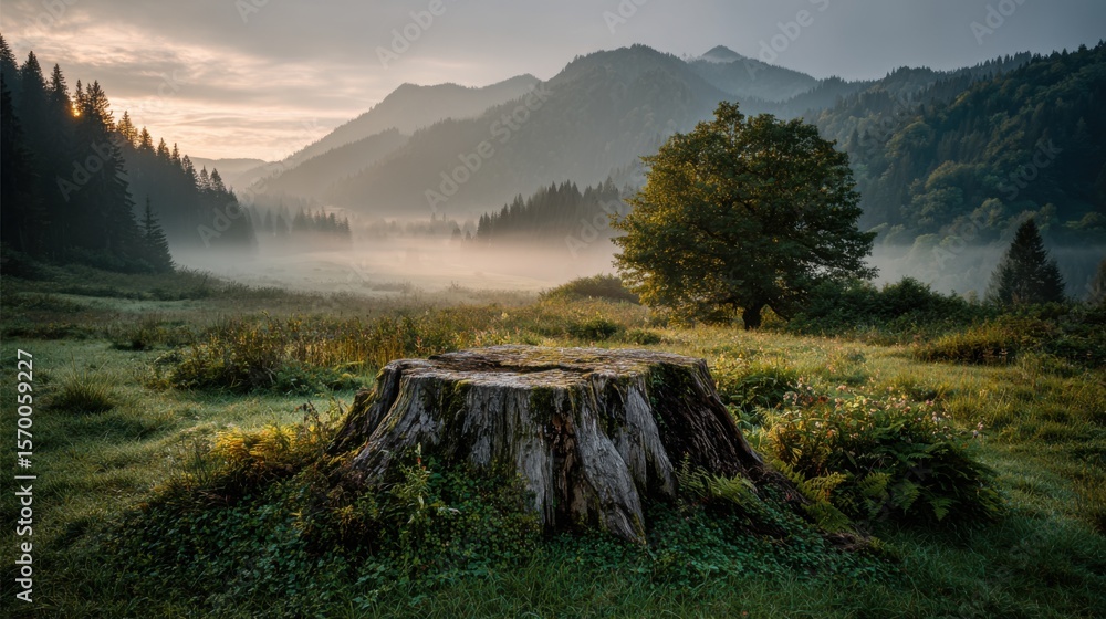 Poster a large tree stump sits in a field of grass. the sky is overcast and the trees are in the background