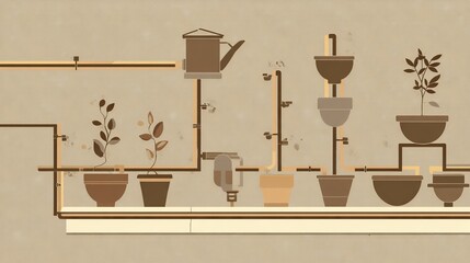 Watering system with plants in a row.