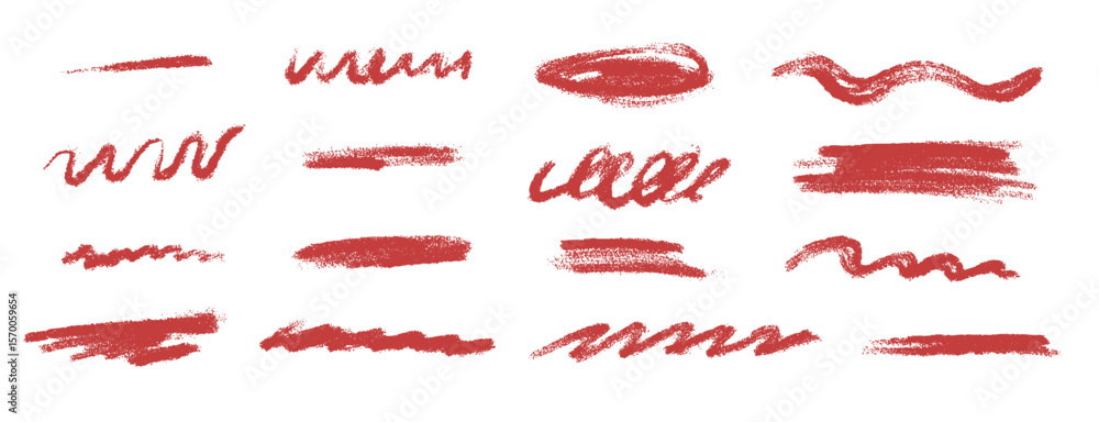 Aufkleber set of underline highlight stroke in red color drawn with crayon or chalk pencil texture. sketch cro