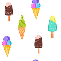 Summer seamless pattern of cute ice cream drawn with crayon brush texture