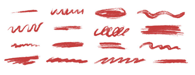 Set of underline highlight stroke in red color drawn with crayon or chalk pencil texture. Sketch cross lines