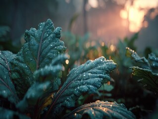 Wet leaves in garden with sunset.