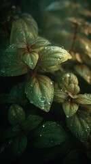 Wet green leaves close up macro.