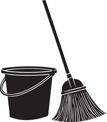 Mop and Bucket Silhouette Vector Illustration on Transparent Background