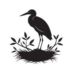 Heron Sitting On Nest With Eggs Silhouette