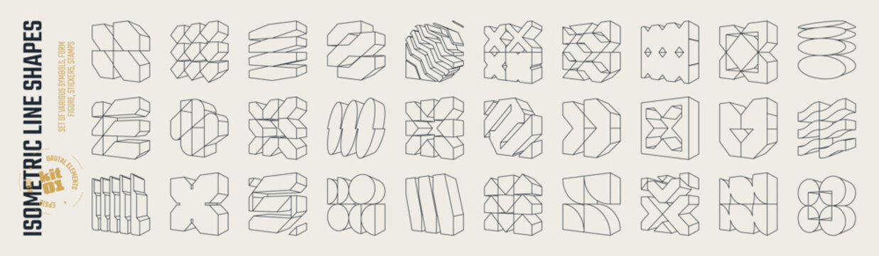 Isometric line brutal 3D shapes, Postmodern abstract geometric graphic frame elements, Brutalism volumetric carcass various form, trendy cyber design symbols in futuristic aesthetics, vector set 1
