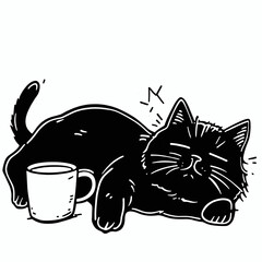 Cozy black cat sleeping beside coffee cups
