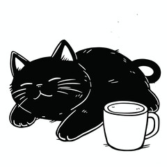 Cozy black cat sleeping beside coffee cups