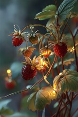 Wild strawberries with lights with closeup.