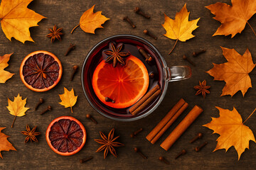 Glass mug of mulled wine with orange slice, cinnamon, star anise, and cloves. Surrounded by dry autumn leaves, spices, and blood orange slices on dark wooden background.