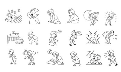 Baby sleep problems icon set